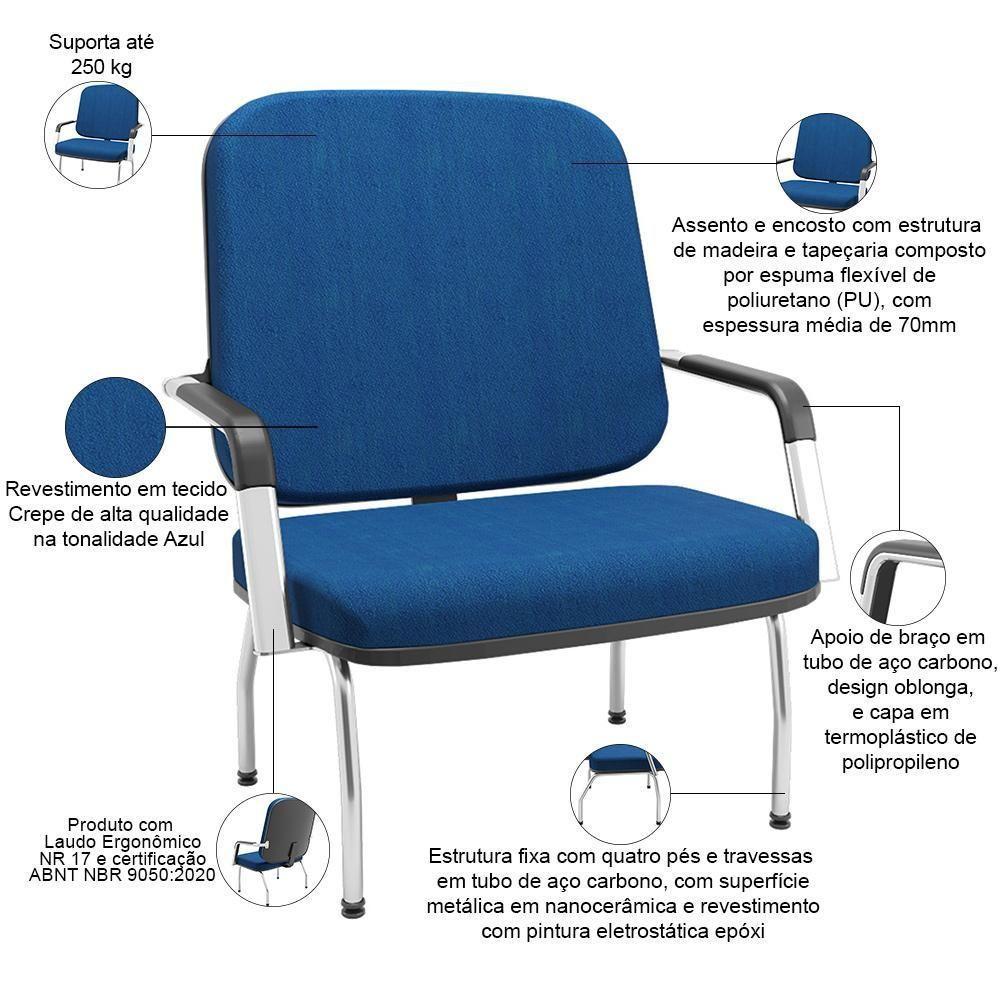 Cadeira De Escritório Recepção Com Braço Fixa Cromada Magno P03 Crepe Azul - Lyam Decor - 2