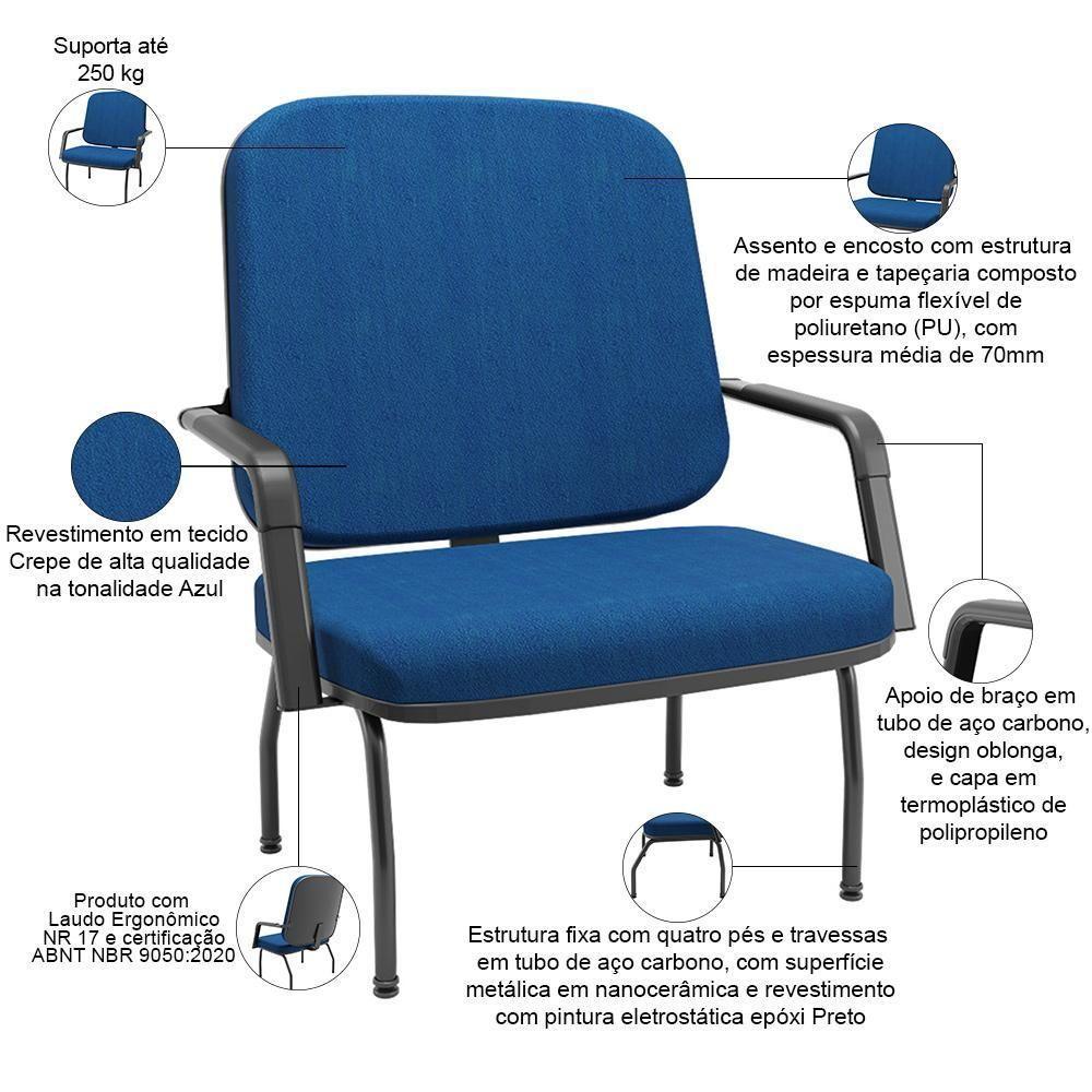 Cadeira De Escritório Recepção Com Braço Fixa Preta Magno P03 Crepe Azul - Lyam Decor - 3