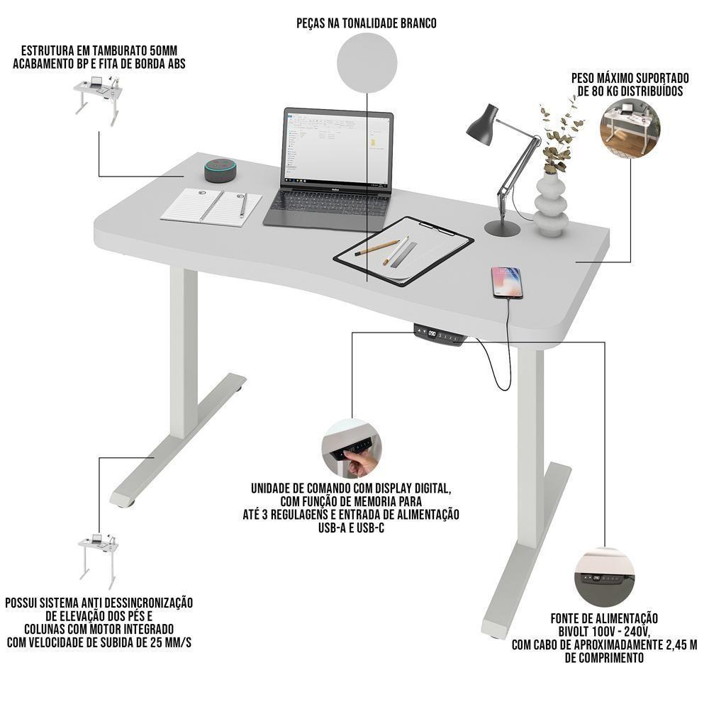 Mesa Com Regulagem De Altura Elétrica Para Escritório Home Office Aurum A02 Branco - Lyam Decor - 4
