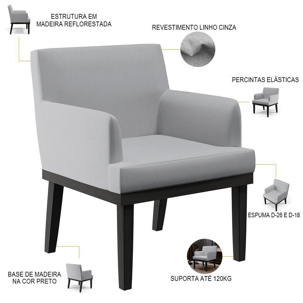 Kit 04 Poltronas Decorativas Sala De Estar Base Preto Beatriz W01 Linho Cinza - Lyam Decor - 4
