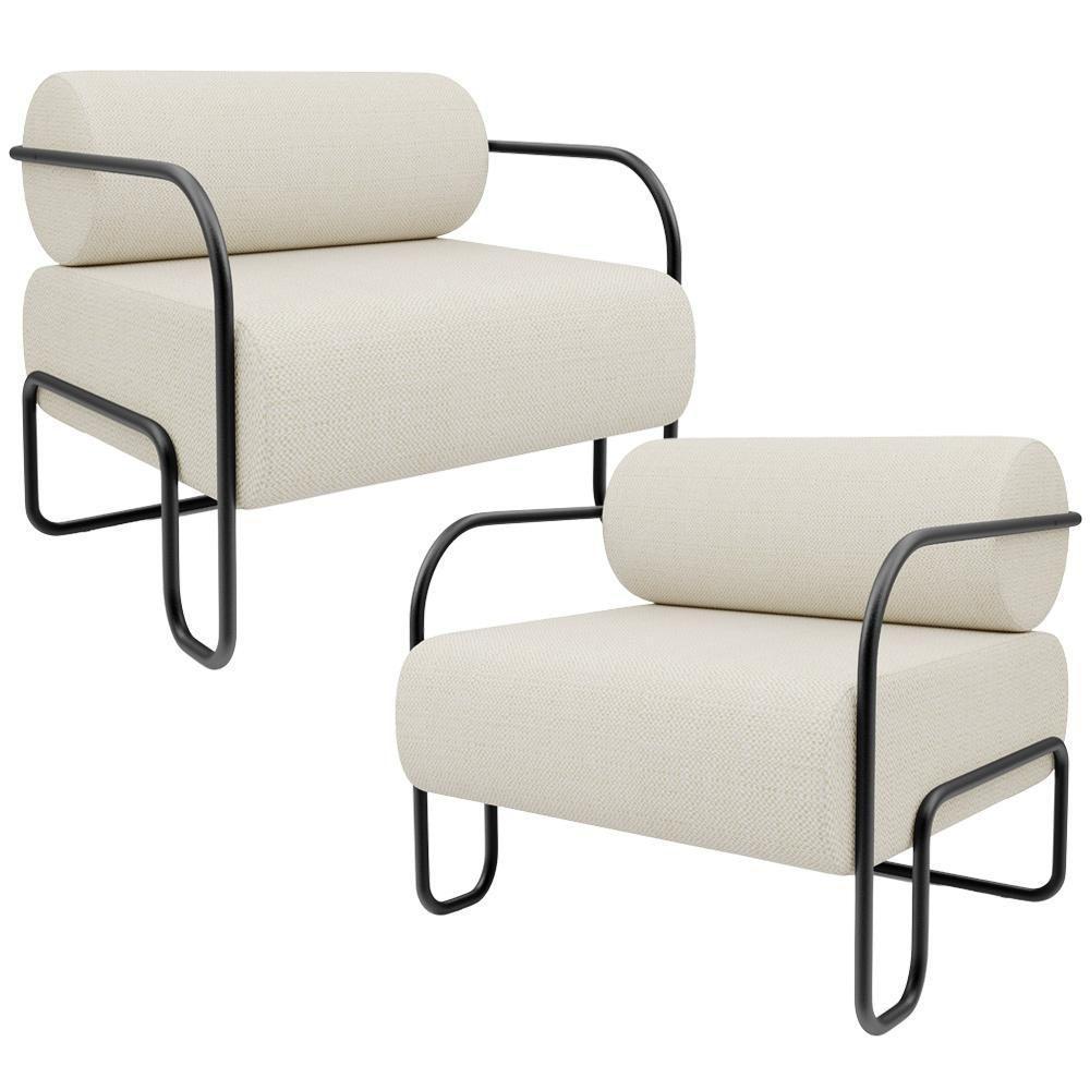 Kit 02 Poltronas Decorativa Pés Industrial Moscou K01 Linho Champagne - Lyam Decor - 1