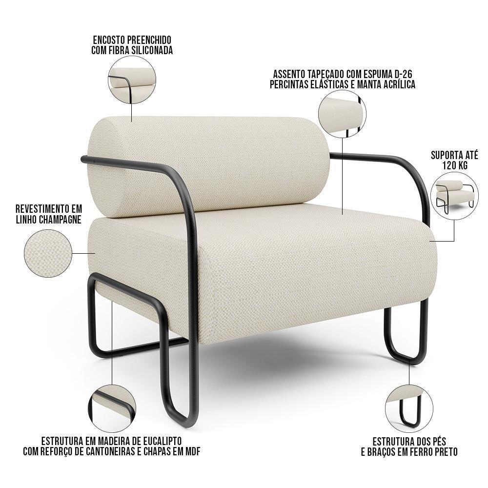 Kit 02 Poltronas Decorativa Pés Industrial Moscou K01 Linho Champagne - Lyam Decor - 4