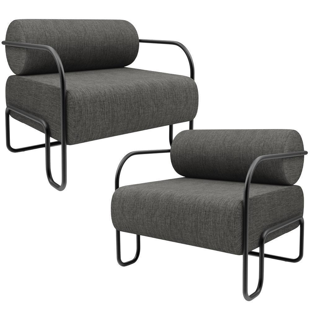 Kit 02 Poltronas Decorativa Pés Industrial Moscou K01 Linho Cinza Escuro - Lyam Decor - 1