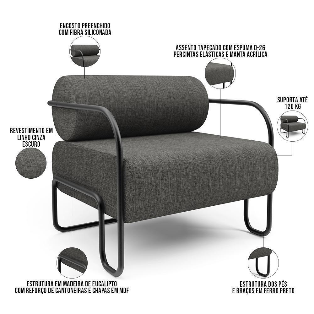 Kit 02 Poltronas Decorativa Pés Industrial Moscou K01 Linho Cinza Escuro - Lyam Decor - 4