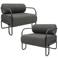 Kit 02 Poltronas Decorativa Pés Industrial Moscou K01 Linho Cinza Escuro - Lyam Decor - 1