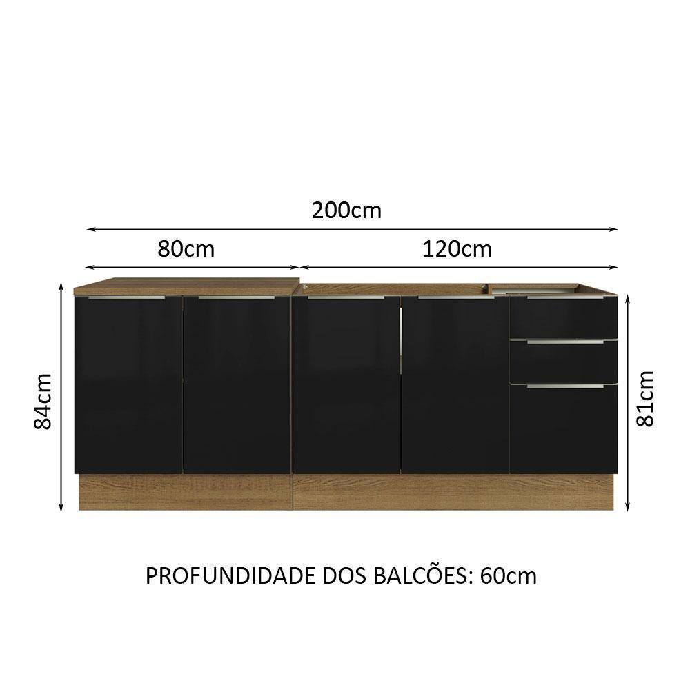 Kit Com 2 Balcões De Cozinha 4 Portas 3 Gavetas Rustic/Preto - 9