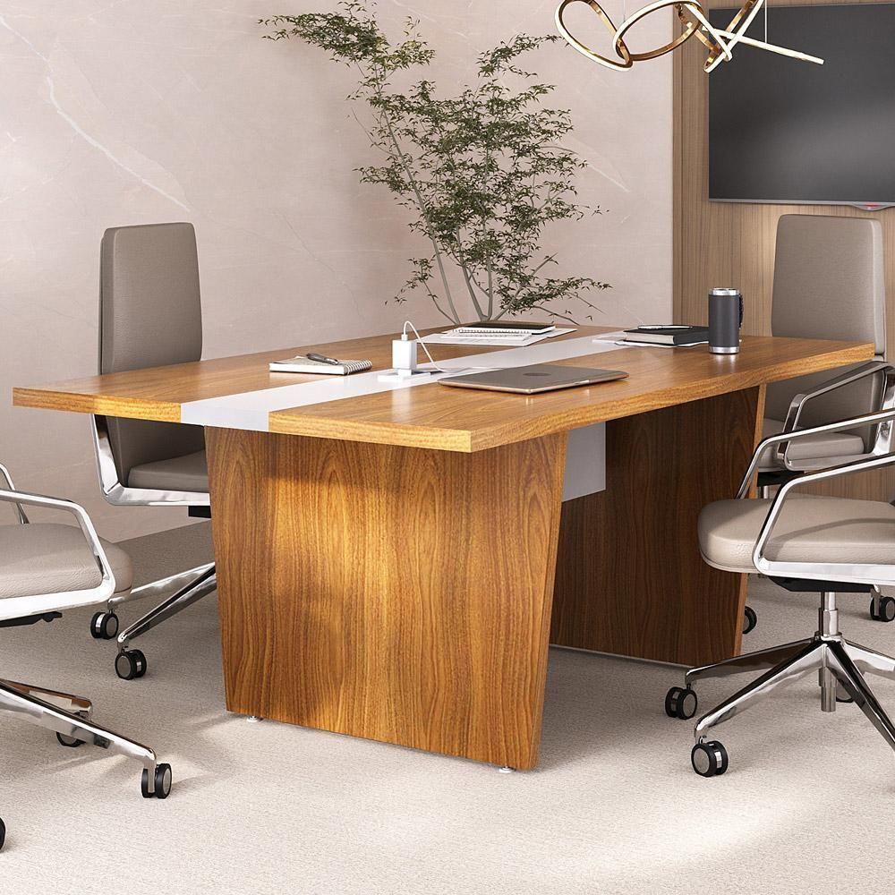 Mesa De Reunião Para Escritório Com 02 Tomadas 179cm Unik A02 Freijó Branco - Lyam Decor - 2