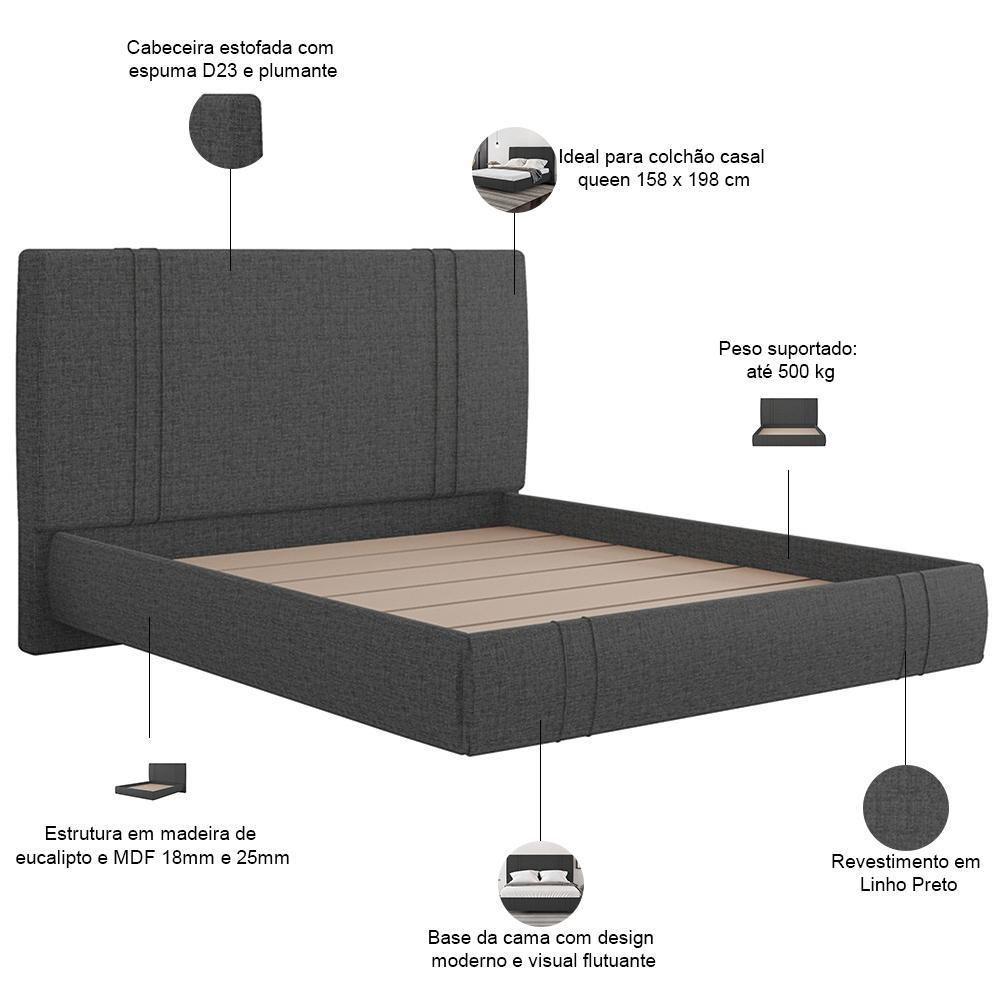 Cama Queen Flutuante Com Cabeceira 160cm Astra S04 Linho Preto - Lyam Decor - 2