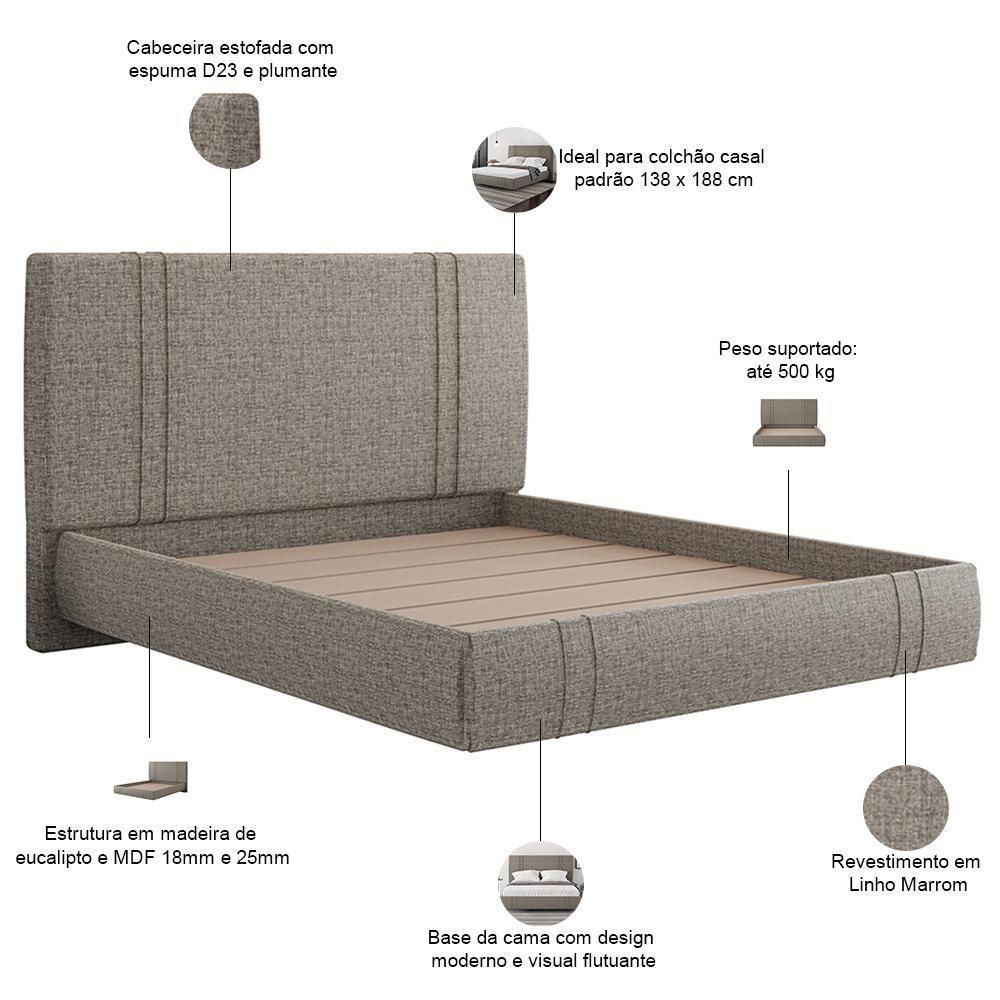 Cama Casal Flutuante Com Cabeceira 140cm Astra S04 Linho Marrom - Lyam Decor - 2