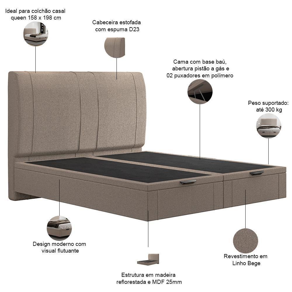 Cama Queen Baú Flutuante Com Cabeceira 160cm Spazio S04 Linho Bege - Lyam Decor - 4