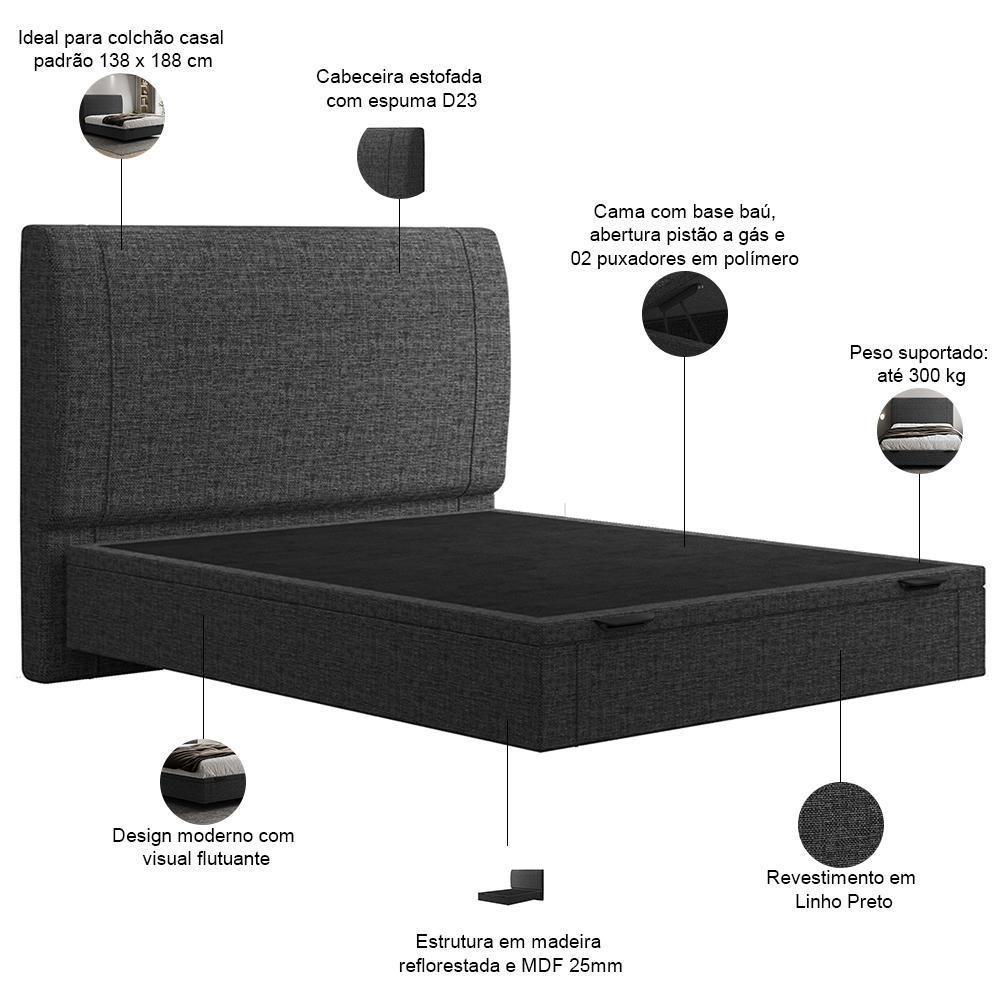 Cama Casal Baú Flutuante Com Cabeceira 140cm Spazio S04 Linho Preto - Lyam Decor - 4