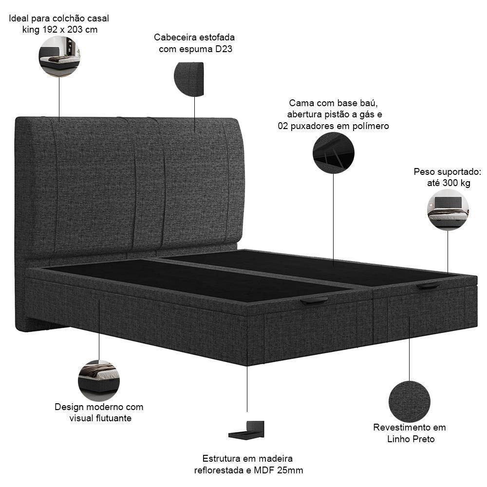 Cama King Baú Flutuante Com Cabeceira 195cm Spazio S04 Linho Preto - Lyam Decor - 4