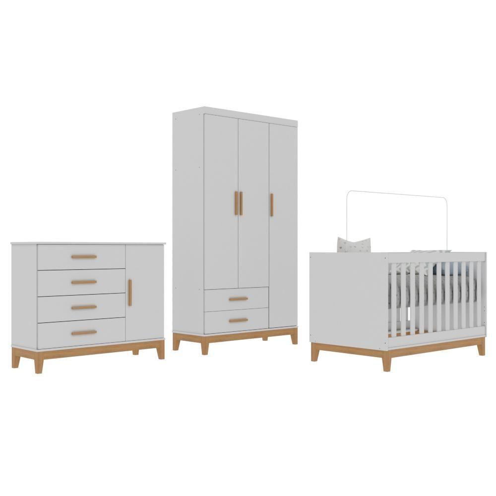 Quarto De Bebê Retrô Guarda Roupa 3 Portas Helen Cômoda Com Porta Berço Mini Cama Branco Carolina Baby - 2