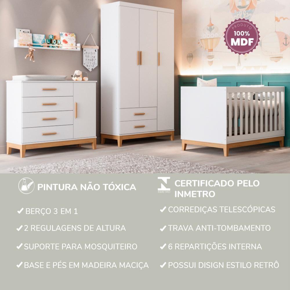 Quarto De Bebê Retrô Guarda Roupa 3 Portas Helen Cômoda Com Porta Berço Mini Cama Branco Carolina Baby - 10