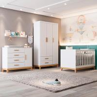 Quarto De Bebê Retrô Guarda Roupa 3 Portas Helen Cômoda Com Porta Berço Mini Cama Branco Carolina Baby - 1
