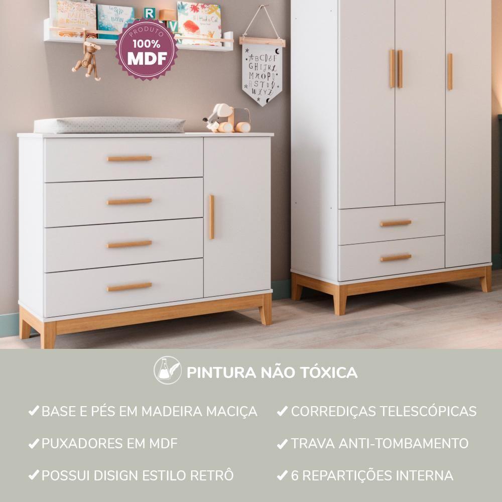 Quarto De Bebê Retrô Guarda Roupa 3 Portas Cômoda 4 Gavetas Com Porta Helen Branco Carolina Baby - 10
