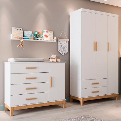 Quarto De Bebê Retrô Guarda Roupa 3 Portas Cômoda 4 Gavetas Com Porta Helen Branco Carolina Baby