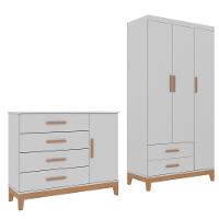 Quarto De Bebê Retrô Guarda Roupa 3 Portas Cômoda 4 Gavetas Com Porta Helen Branco Carolina Baby - 2