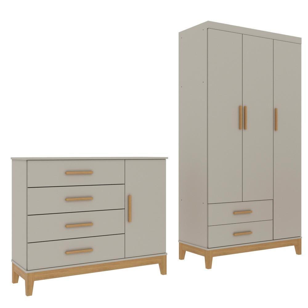 Quarto De Bebê Retrô Guarda Roupa 3 Portas Cômoda Com Porta Helen Off White Com Cinamomo Carolina Baby - 2