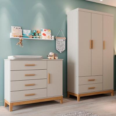 Quarto De Bebê Retrô Guarda Roupa 3 Portas Cômoda Com Porta Helen Off White Com Cinamomo Carolina Baby