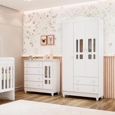 Quarto De Bebê Ariel Guarda Roupa 3 Portas Cômoda Infantil Com Porta Fraldário Branco Carolina Baby