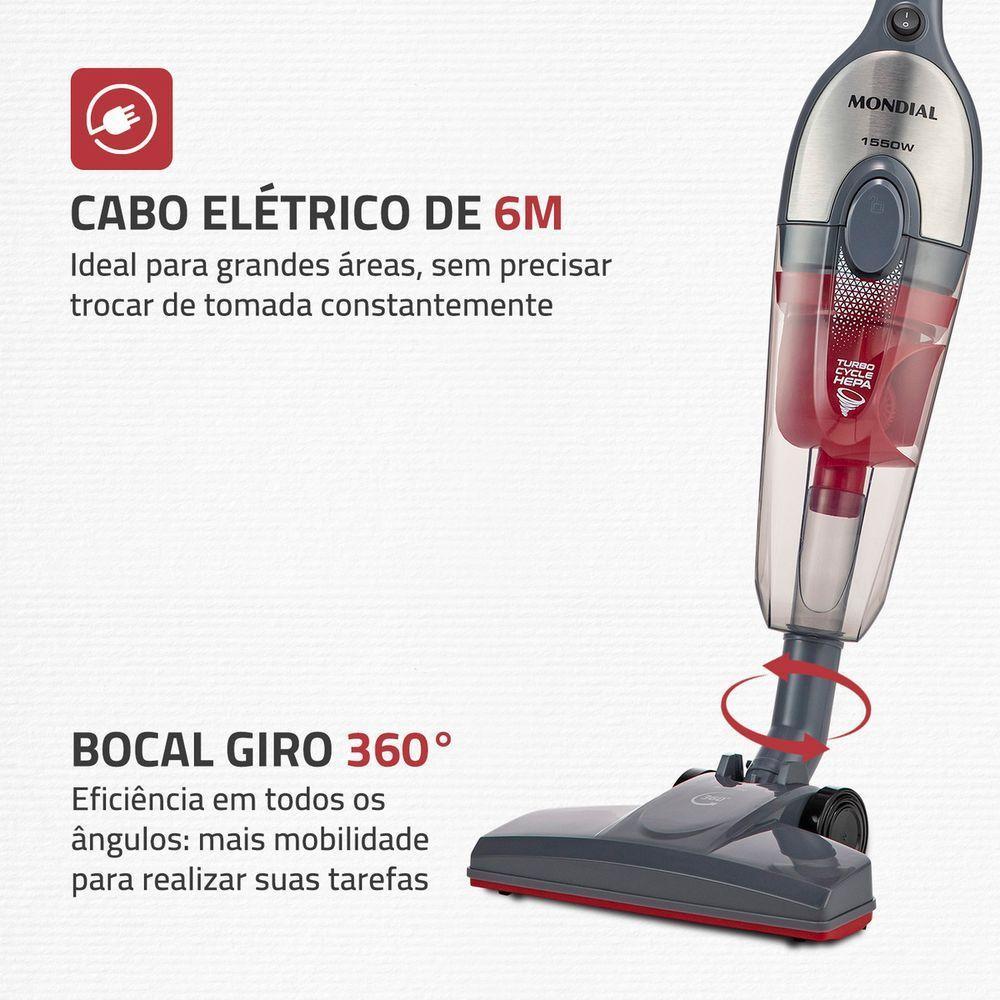 Aspirador De Pó Vertical Mondial Turbo Cycle HEPA AP-41-GI 1550W Cinza Com Inox 110V - 4