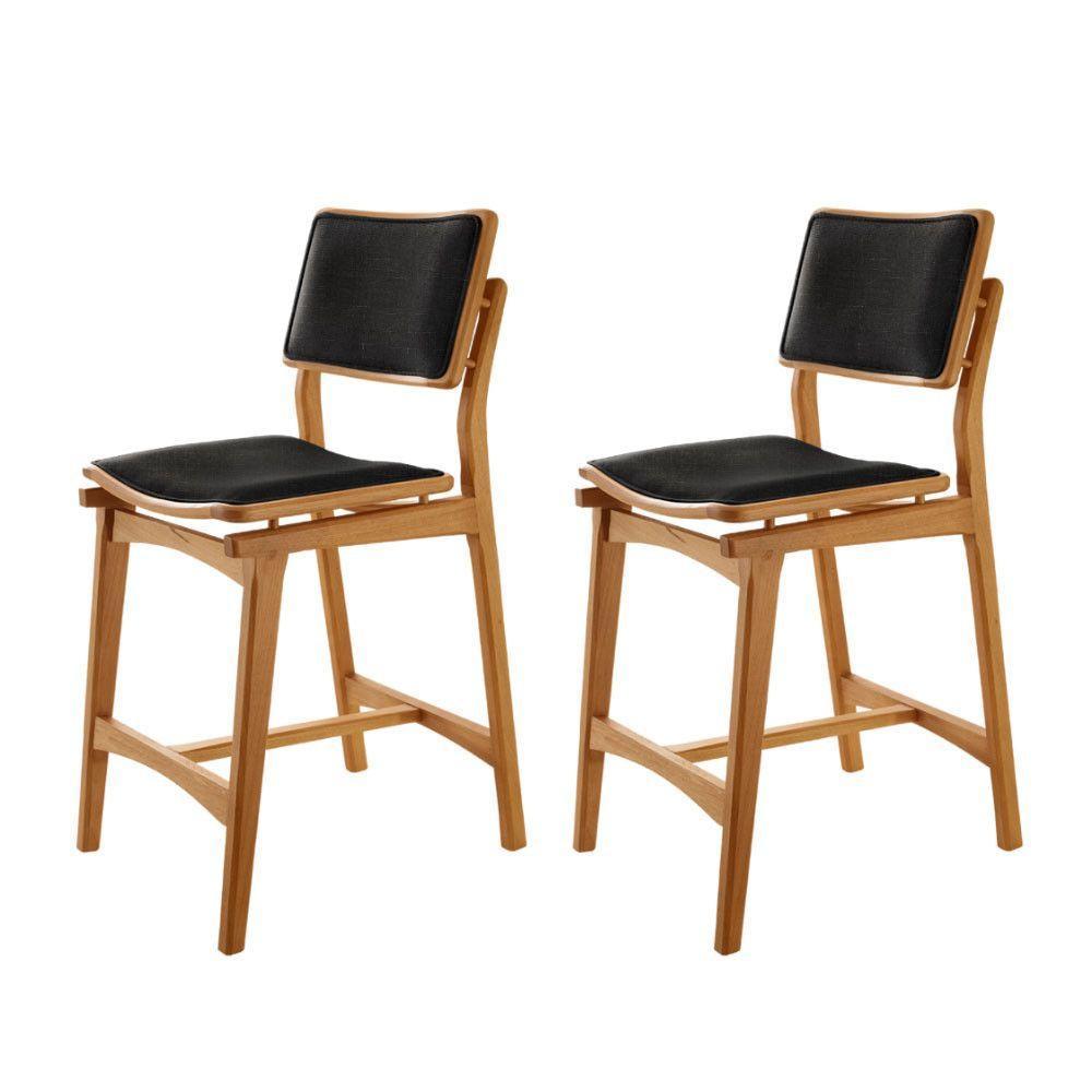 Conjunto Com 2 Banquetas Eva Moderna Linho Preto Imbuia Natural - 1