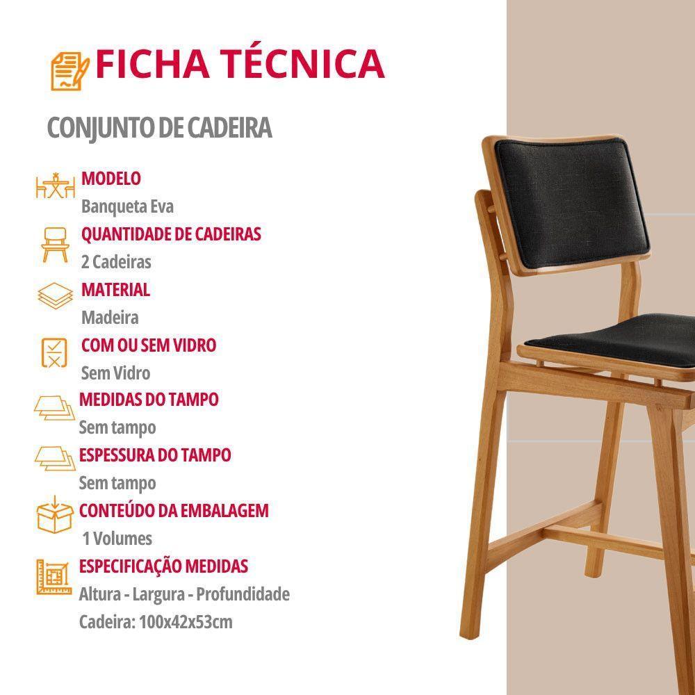Conjunto Com 2 Banquetas Eva Moderna Linho Preto Imbuia Natural - 5
