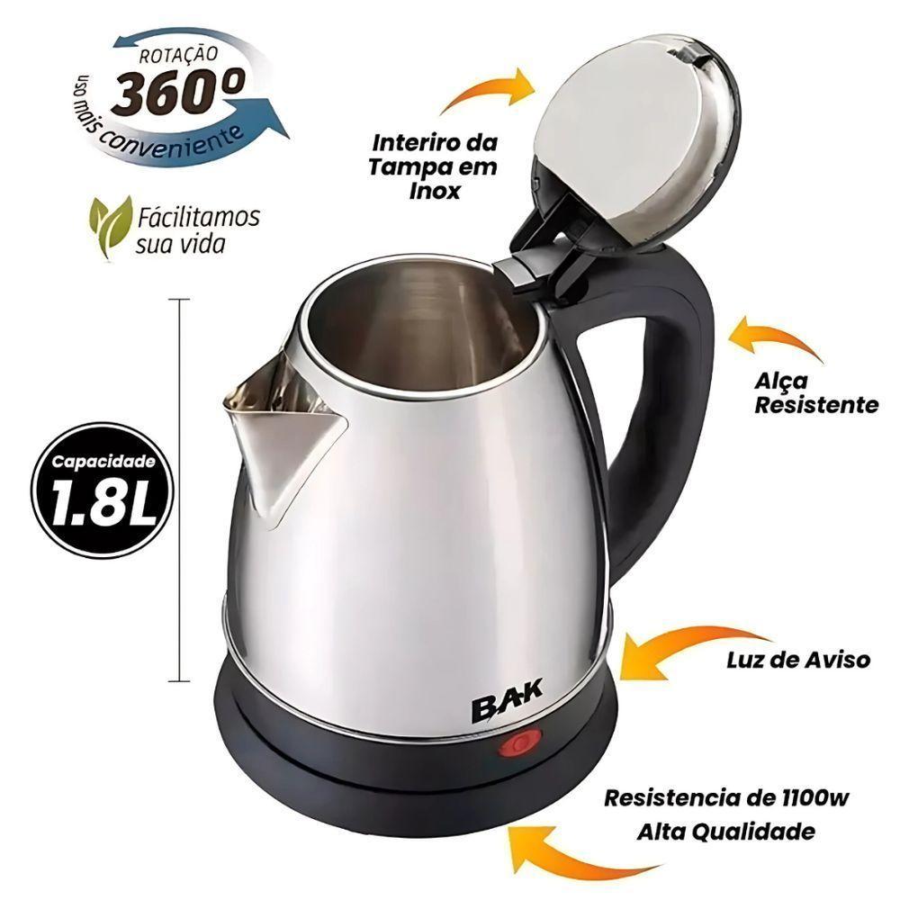 Chaleira Elétrica BAK 1100W Inox 1,8 Litros 110V - 4