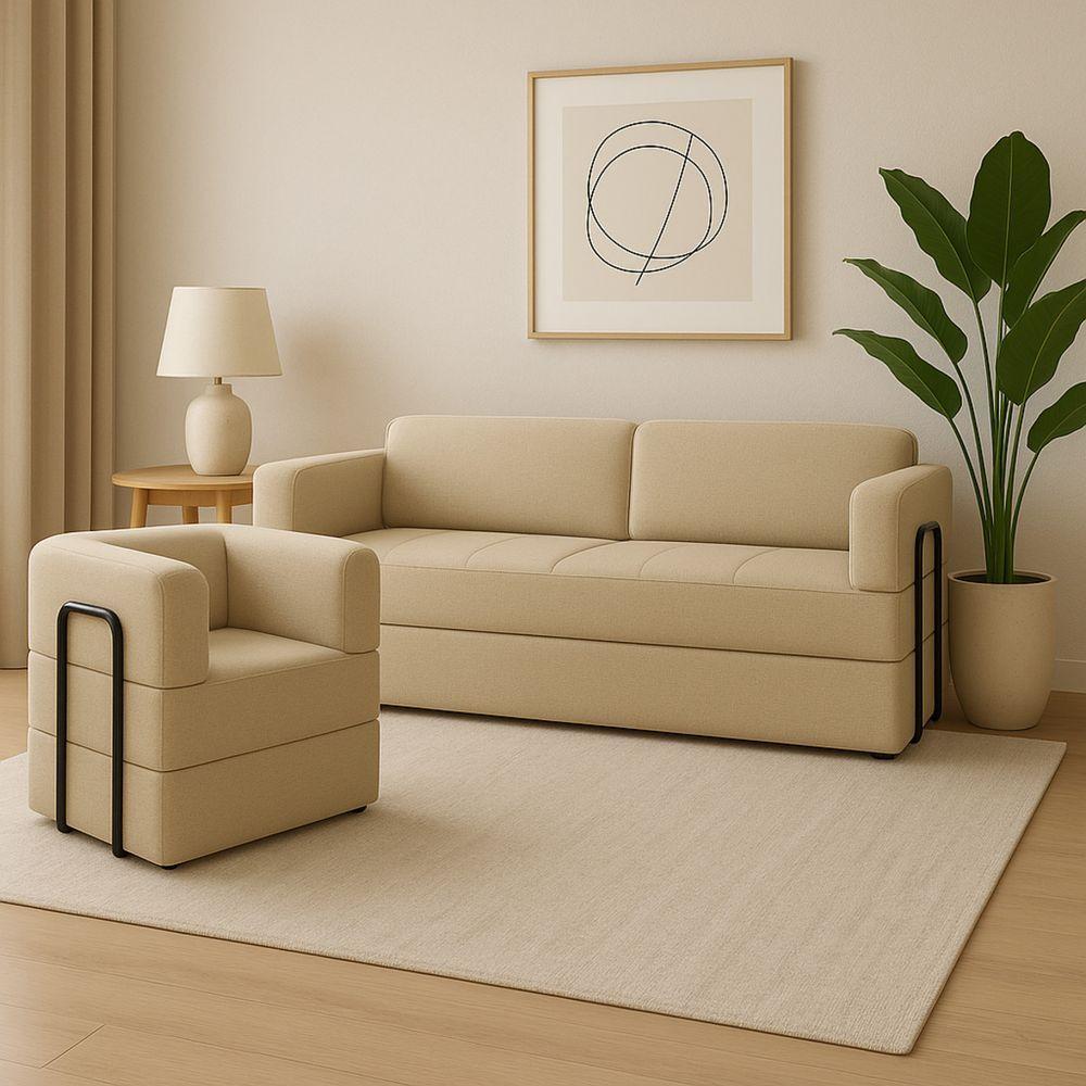 Kit Sofá E Poltrona Na Caixa Modular Soft Para A Sala Bege - 1