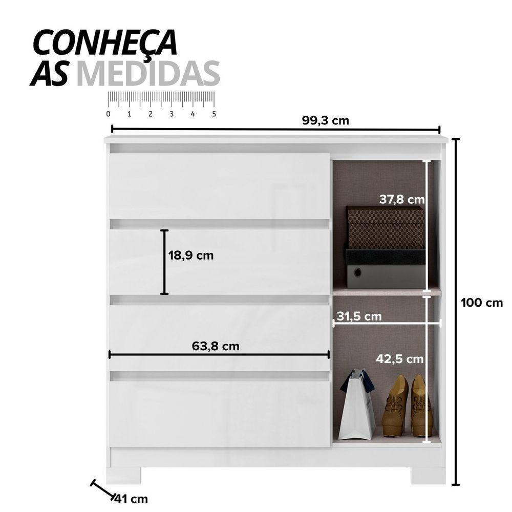 Cômoda Para Quarto Com 4 Gavetas E Armário - Vega Branco - 5