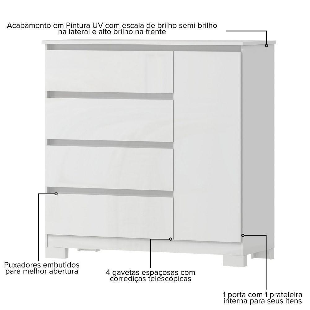 Cômoda Para Quarto Com 4 Gavetas E Armário - Vega Branco - 6