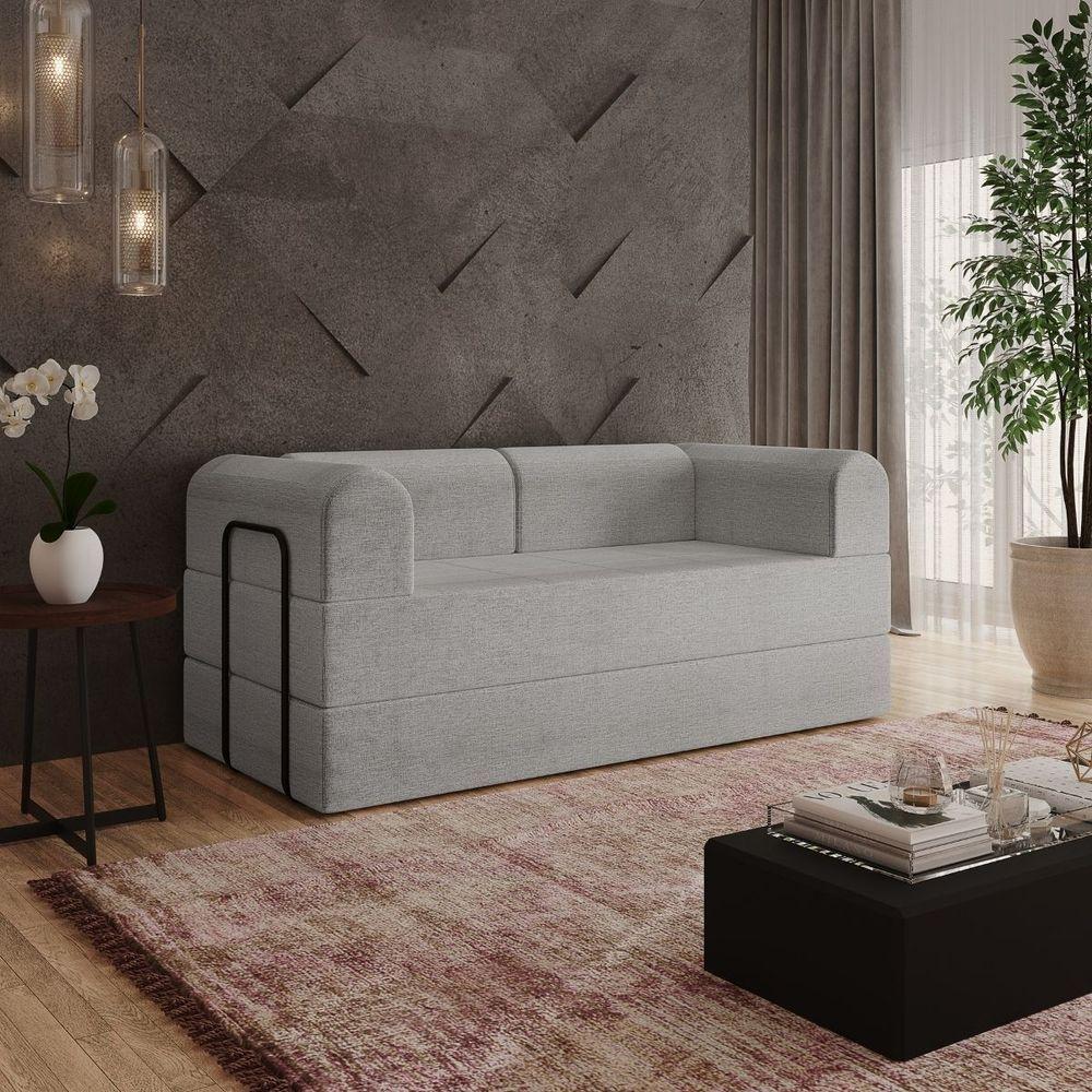 Sofá Na Caixa Modular 2 Lugares Linho Bege Maya Para Sala Cinza - 1