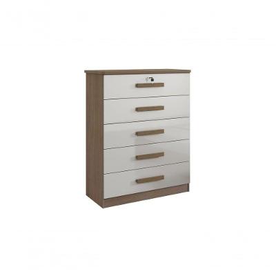 Cômoda Ipanema 5 Gavetas em MDF com Puxador em Madeira Off White e Castanho