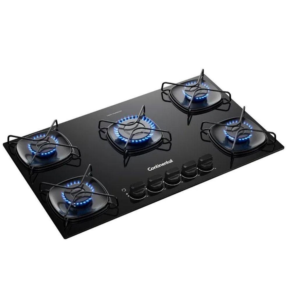 Cooktop 5 Bocas A Gás Continental Mesa De Vidro Preto Com Acendimento Automático KC5GR Bivolt - 5