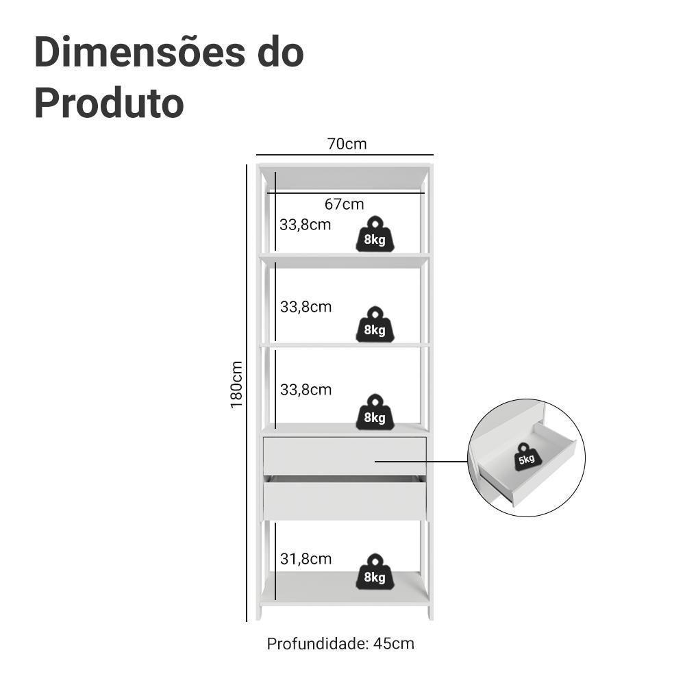 Guarda-roupa Closet Modulado 2 Gavetas 4 Prateleiras 70cm Valencia Madesa Branco - 3