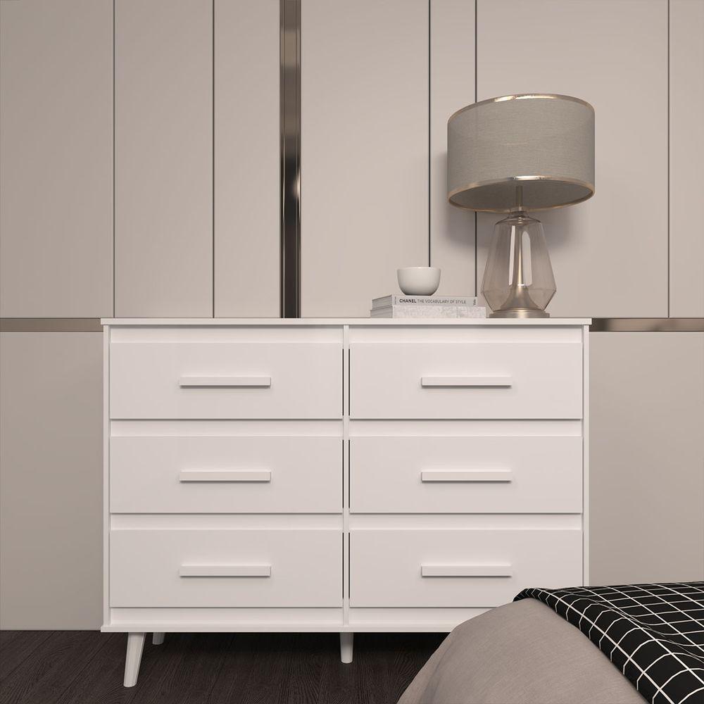 Cômoda 6 Gavetas Maya Com Puxadores E Pés Retro Design Moderno Quarto Branco Mobília Decor - 5