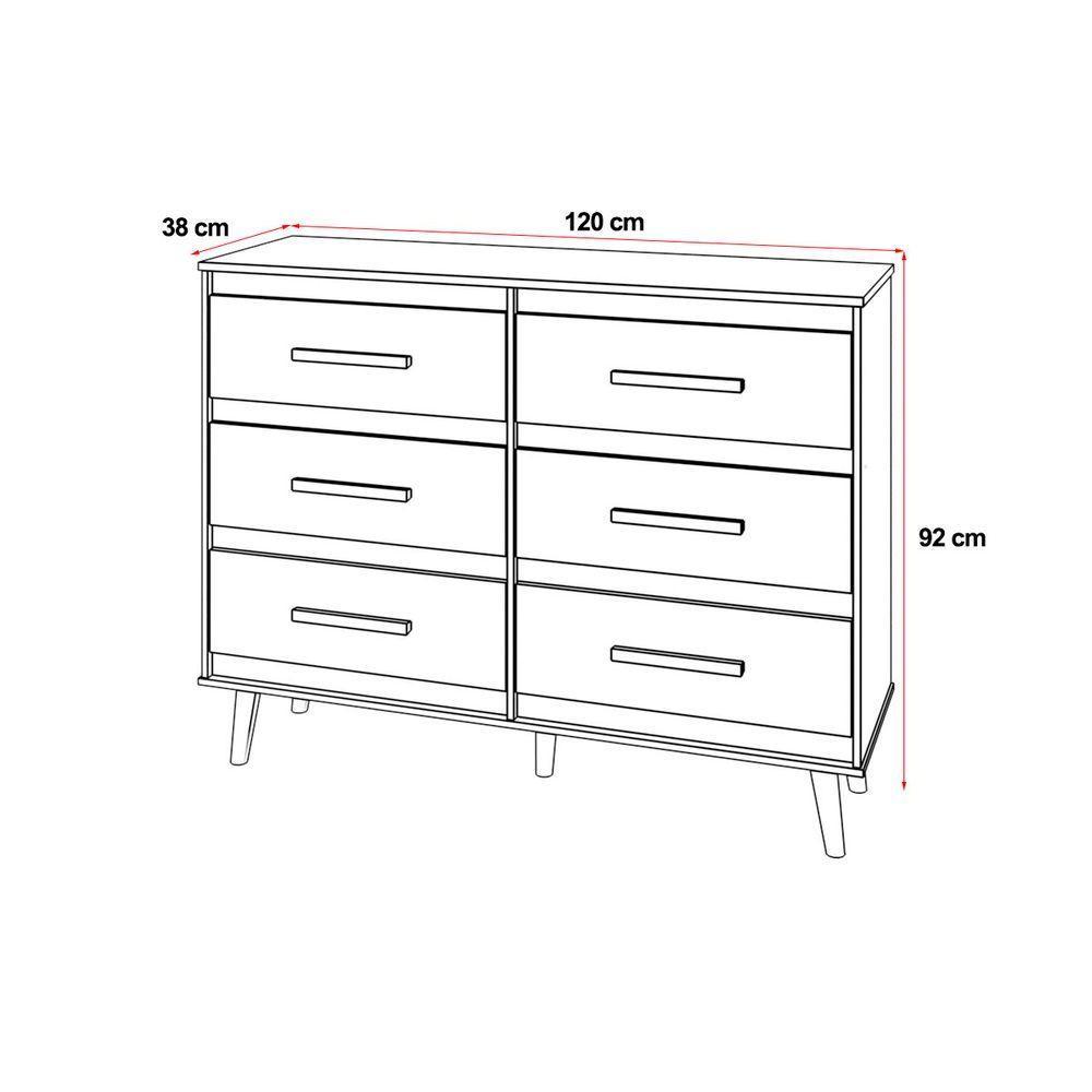 Cômoda 6 Gavetas Maya Com Puxadores E Pés Retro Design Moderno Quarto Branco Mobília Decor - 6