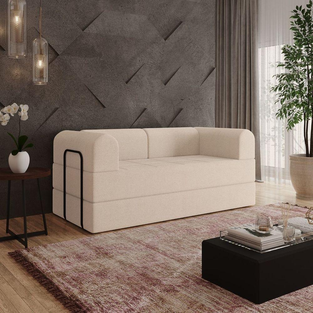 Sofá Na Caixa Modular 2 Lugares Linho Bege Para Sala Bege - 1