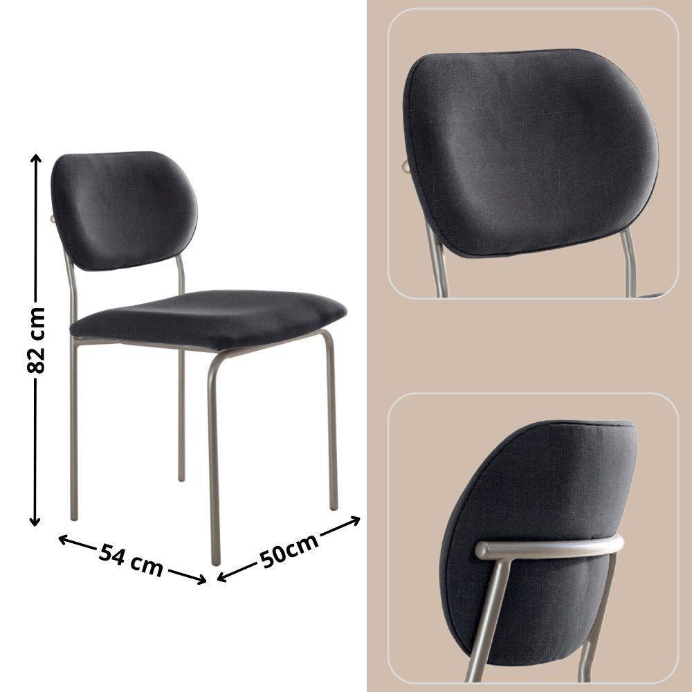 Conjunto Com 2 Cadeiras Metal Marchezine Moderna Mobilia Linho Preto Prata - 3