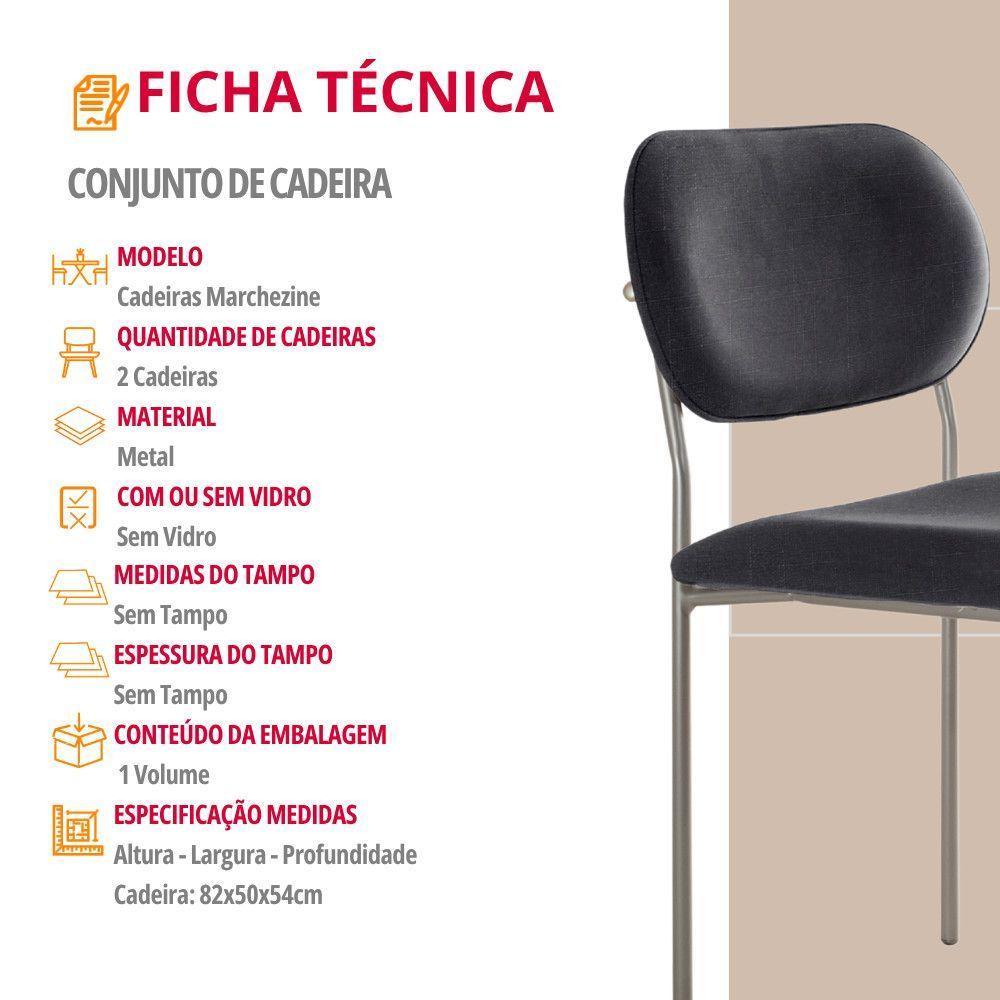 Conjunto Com 2 Cadeiras Metal Marchezine Moderna Mobilia Linho Preto Prata - 5