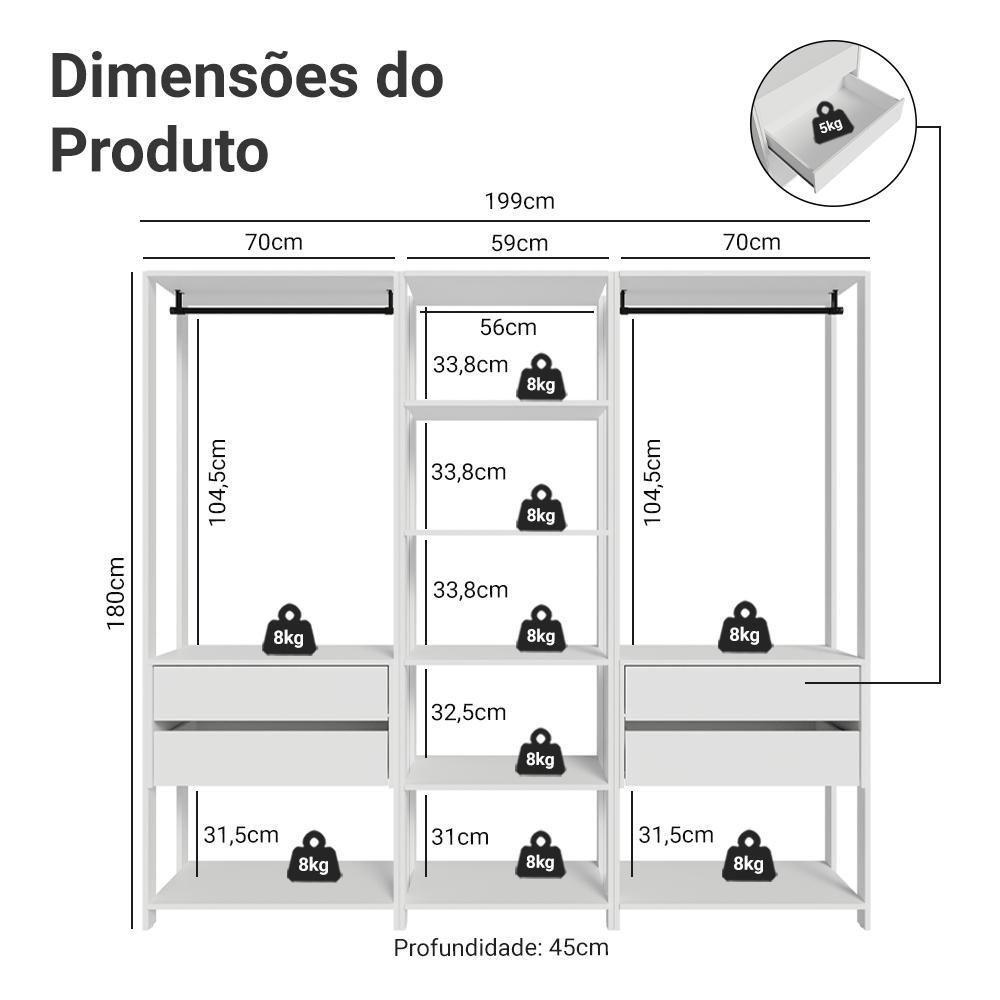 Guarda-roupa Closet Modulado 4 Gavetas 199 Cm Valencia Madesa Branco - 3