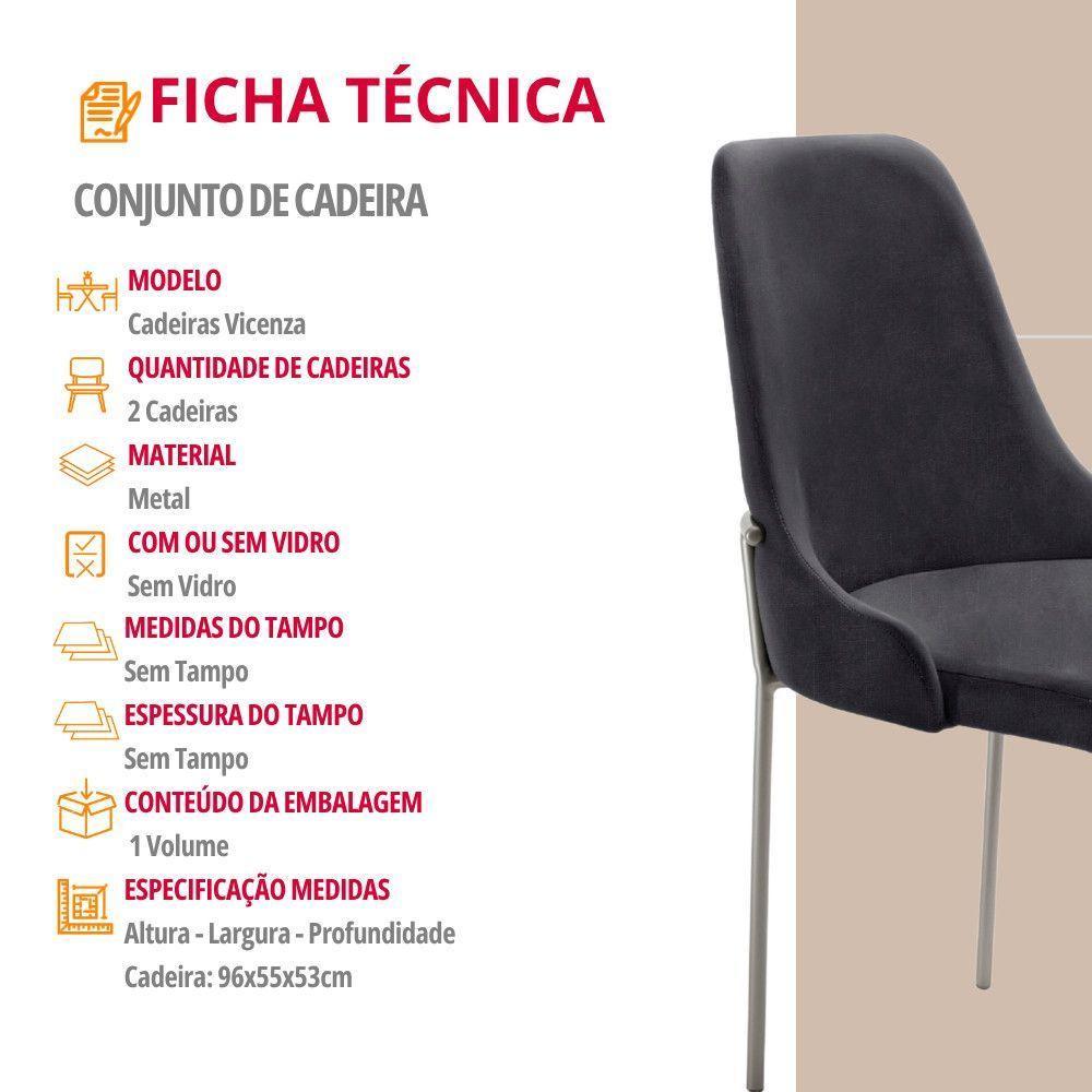 Conjunto Com 2 Cadeiras Metal Vicenza Moderna Mobilia Linho Preto Prata - 6