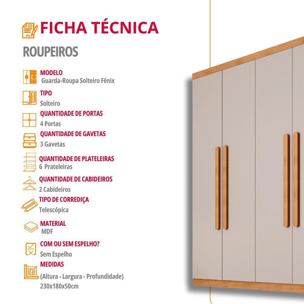 Guarda Roupa Casal Fenix 4 Portas 3 Gavetas Rufato Naturalle Off White - 6