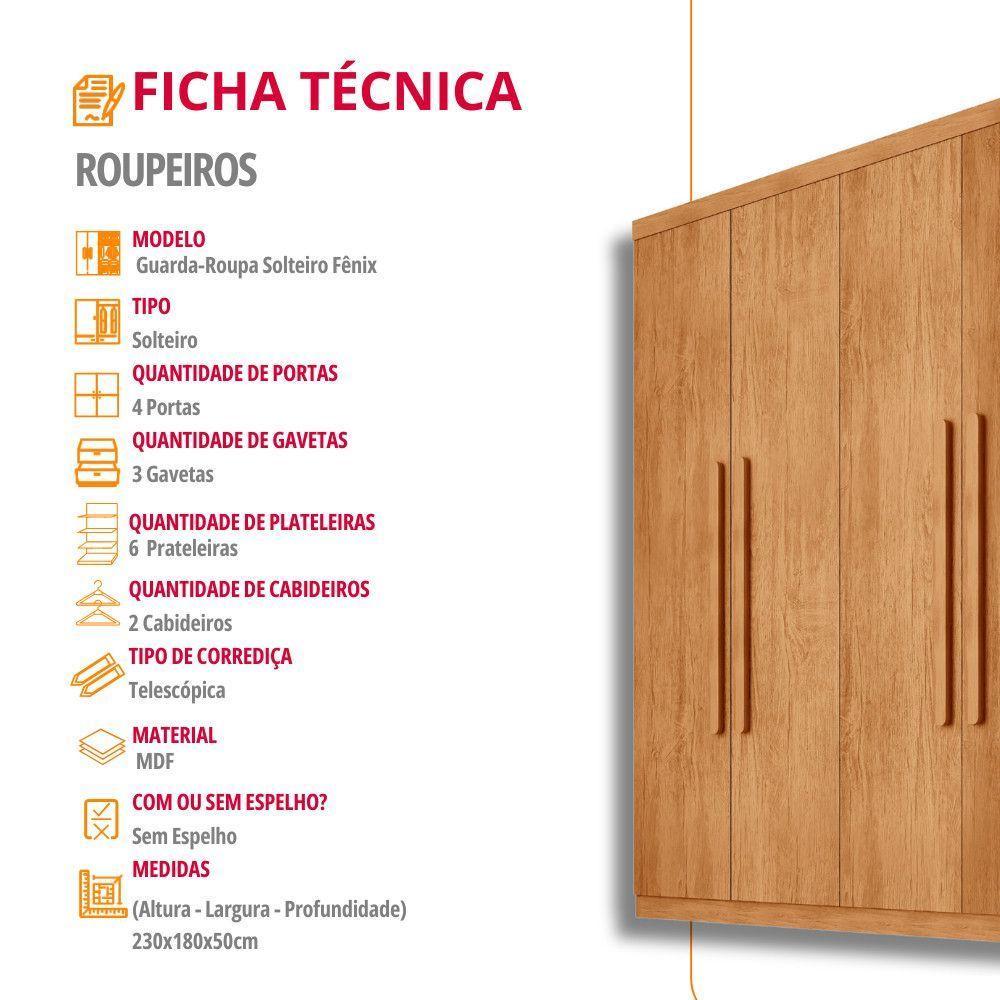 Guarda Roupa Casal Fenix 4 Portas 3 Gavetas Rufato Naturalle - 6