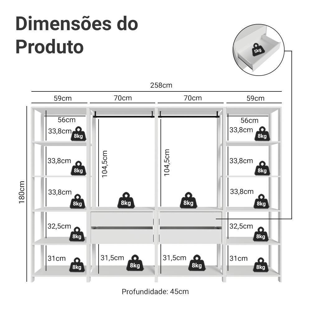 Guarda-roupa Closet Modulado 4 Gavetas 258 Cm Valencia Madesa 01 Branco - 3