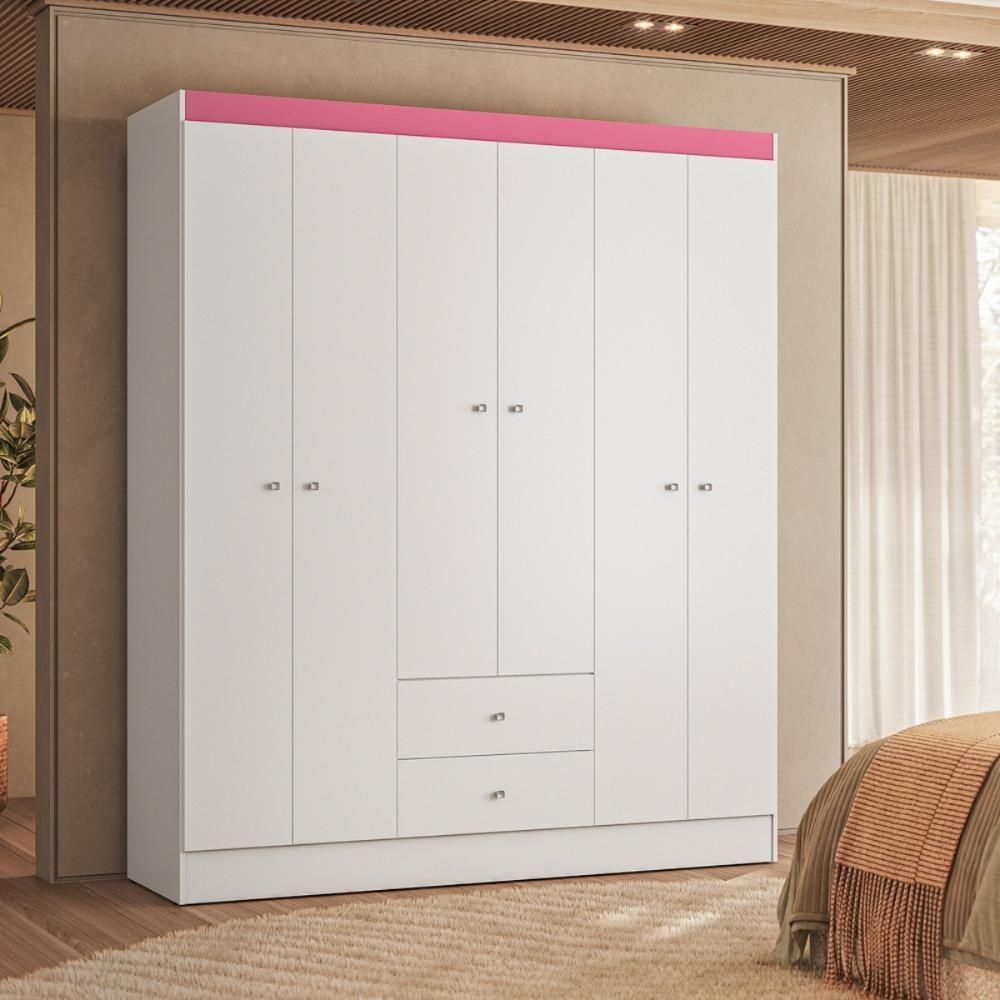 Guarda Roupa Casal 6 Portas 2 Gavetas Itália Branco Rosa Kits Paraná Branco Rosa - 2