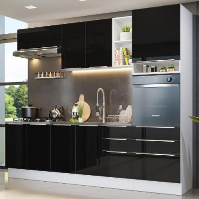 Armário de Cozinha Completa Lux 8 Portas 6 Gavetas MDF 260cm Branco-preto
