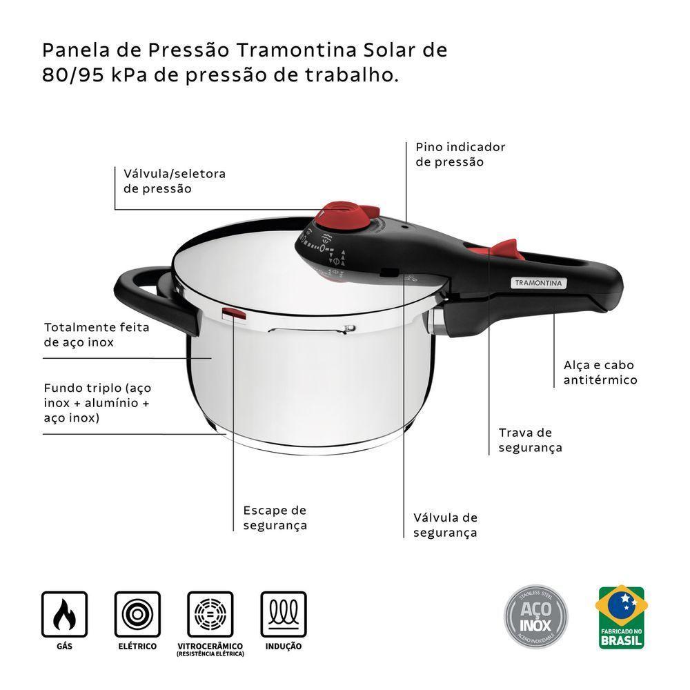 Panela De Pressão Tramontina Solar Em Aço Inox Fundo Triplo Com 5 Dispositivos De Segurança 22 Cm 6 L - 9
