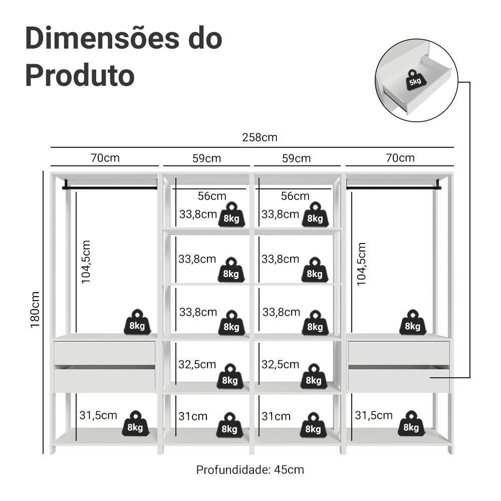 Guarda-roupa Closet Modulado 4 Gavetas 258 Cm Valencia Madesa 02 Branco - 3